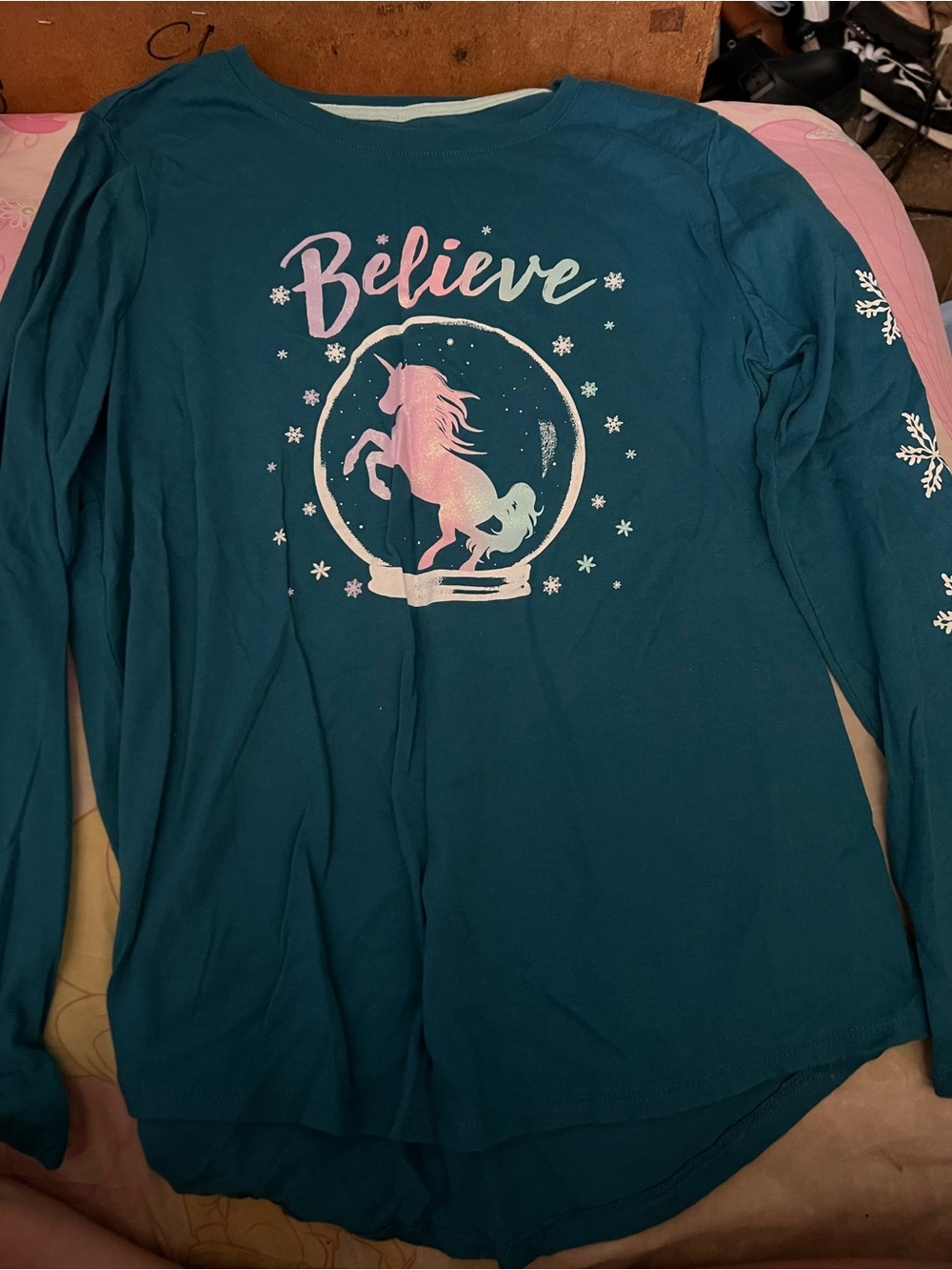 wonder nation Teal Long-Sleeve 'Believe' Unicorn Tee